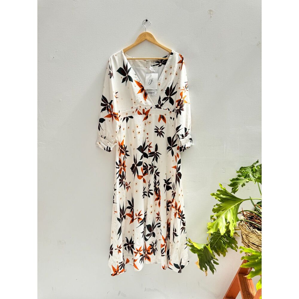 NWT Fehaute Wrap Front Floral Maxi Dress Sz 6 Black Rust Cream V-Neck